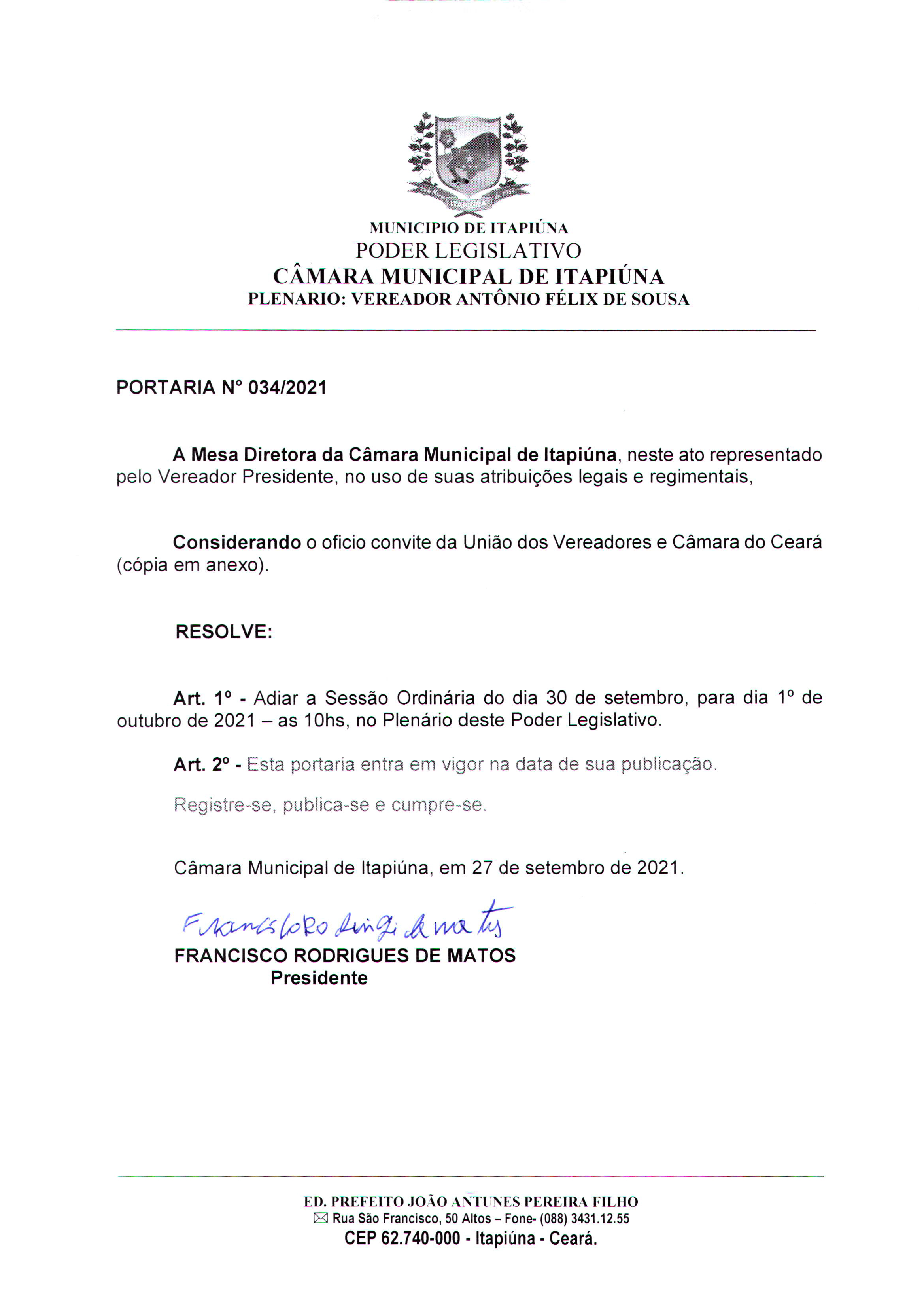 Câmara Municipal de Itapiúna resolve adiar a Sessão Ordinária do dia 30 de setembro