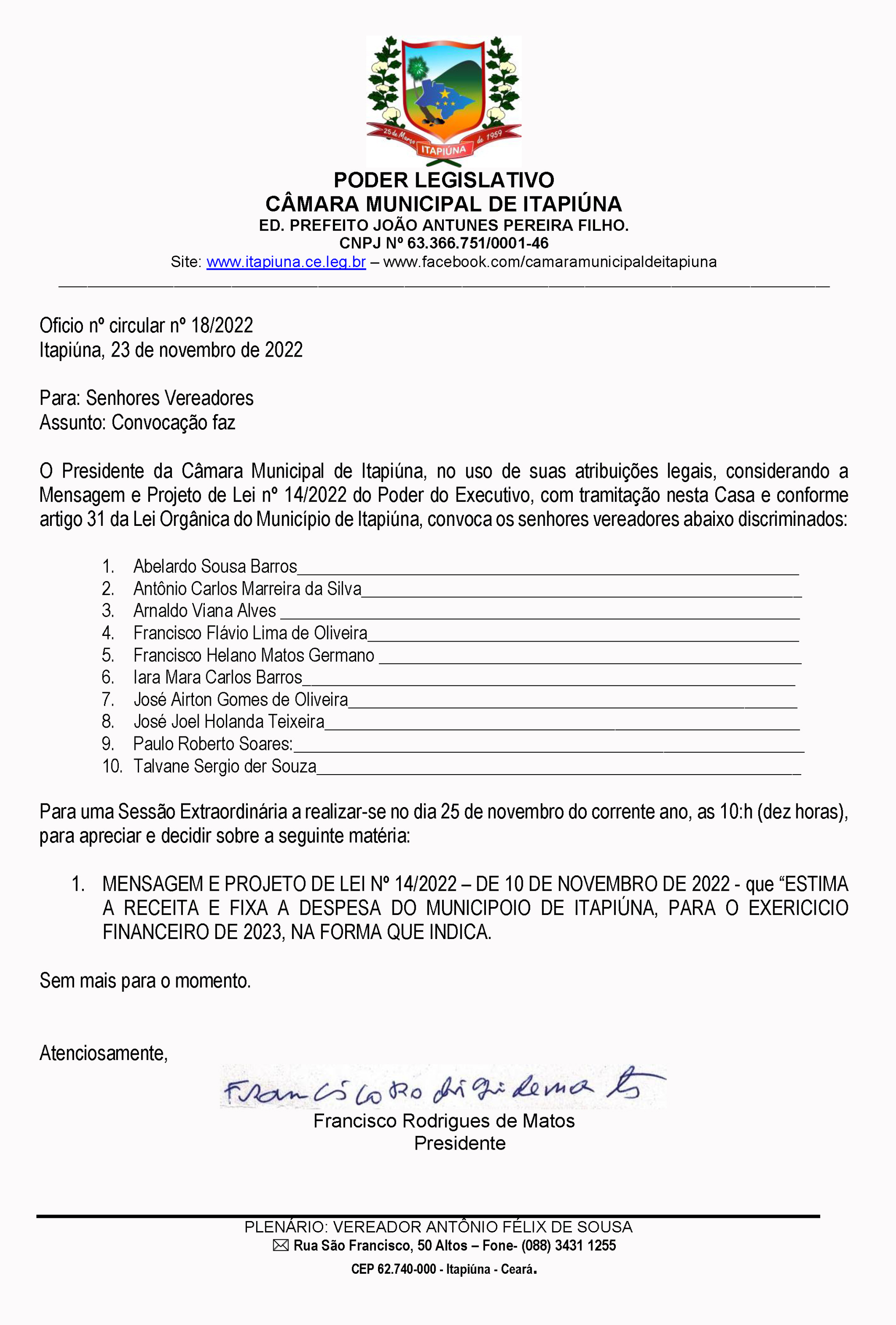 Convocação para Sessão Extraordinária 