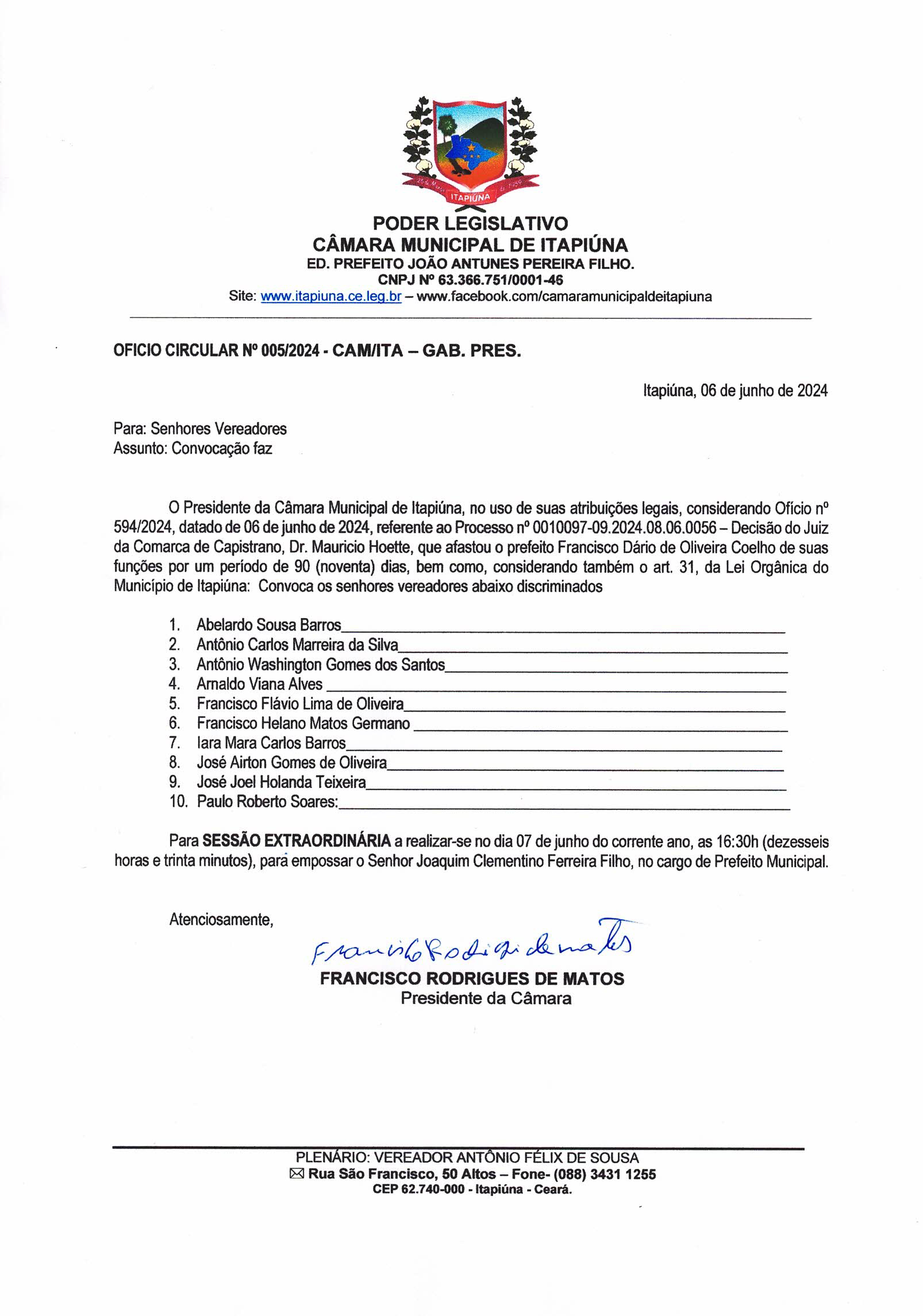 Convocação para sessão extraordinária para empossar o Senhor Joaquim Clementino